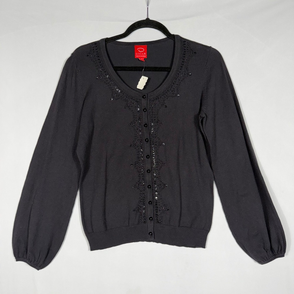 Vtg Y2K Oscar de la Renta Black Beaded Cardigan Puff Sleeve Sm Twee Cottage NWOT